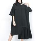 Short-sleeve Paneled A-line Dress Black - One Size