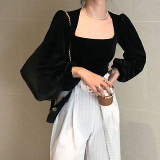 Velvet Puff-sleeve Slim-fit Top