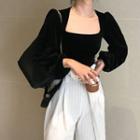 Velvet Puff-sleeve Slim-fit Top