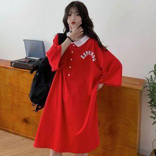 3/4-sleeve Lettering Midi A-line Polo Dress