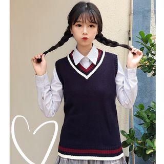 Tie-neck Shirt / Contrast Trim Knit Vest