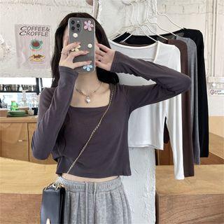 Plain Square-neck Long-sleeve Cropped Top