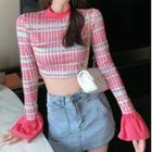 Long-sleeve Plaid T-shirt Pink - One Size