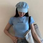 Letter Embroidered Short-sleeve Cropped T-shirt Blue - One Size