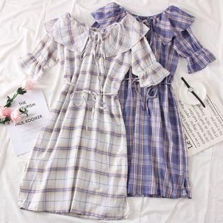 Boatneck Ruffled Plaid Dress With Sash