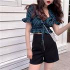 Square-neck Plaid Cropped T-shirt / High-waist Zip Shorts