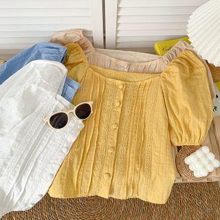 Wide-neck Lace-trim Crop Shirt