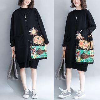 Cat Print Long Cardigan Black - One Size