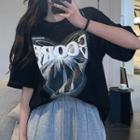 Elbow-sleeve Lettering Ribbon Print T-shirt