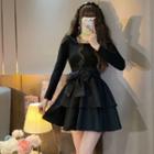 Long-sleeve Bow A-line Layered Dress