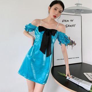 Puff-sleeve Square-neck Suspender Bow Dress