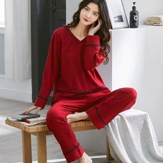 Loungewear Set : Contrast Trim Jacquard Top + Pants