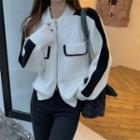 Contrast Trim Pocket-detail Zip-up Long-sleeve Cardigan