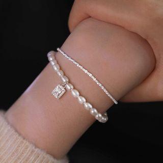 Rhinestone Pendant Faux Pearl Bracelet Silver Pendant - White - One Size