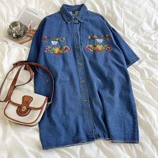 Short-sleeve Embroidered Denim Long Shirt Shirt - One Size