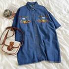 Short-sleeve Embroidered Denim Long Shirt Shirt - One Size