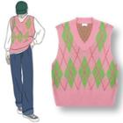 Argyle Print Knit Vest Pink & Green - One Size