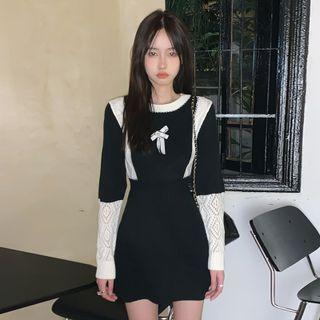 Long-sleeve Bow Two-tone Knit Mini Sheath Dress