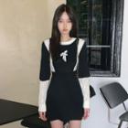 Long-sleeve Bow Two-tone Knit Mini Sheath Dress