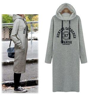 Print Drawstring Hooded Long-sleeve Dress
