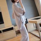 Set: Plain V-neck 3/4 Sleeve Top + Plain Wide Leg Pants
