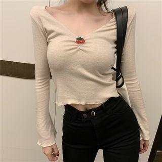Long-sleeve V-neck Embroidered Top As Shown In Figure - One Size