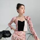 Paneled Floral Print Camisole Top / Cropped Jacket / Drawstring Pencil Skirt / Set