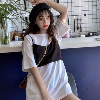 Set: Elbow-sleeve T-shirt + Camisole Set - Black & White - One Size