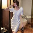 Short-sleeve Square-neck Plain Ruched Dress