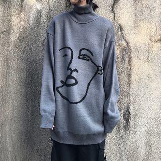 Face Print Turtleneck Sweater