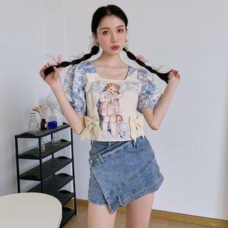 Square Neck Print Cropped Blouse