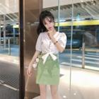 Buttoned Short-sleeve Blouse / High-wist Straight-fit Skirt