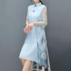 Printed Mandarin Collar Elbow-sleeve Midi A-line Dress