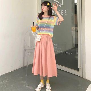 Striped Short-sleeve Knit Top / High Waist Midi A-line Skirt