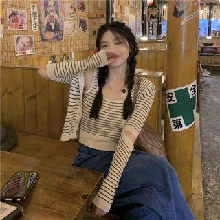 Striped Tank Top + Light Cardigan Almond - One Size
