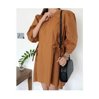 Puffed 3/4-sleeve Tie-waist Mini Dress
