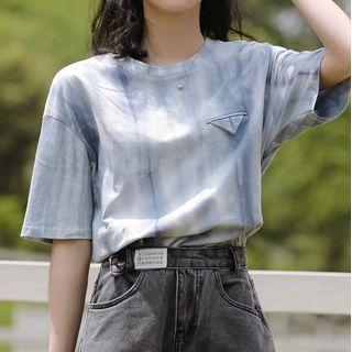 Elbow-sleeve Tie-dyed T-shirt Blue - One Size