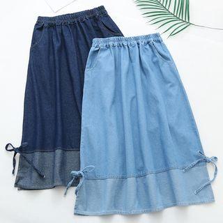 Bow Detail Denim Midi A-line Skirt