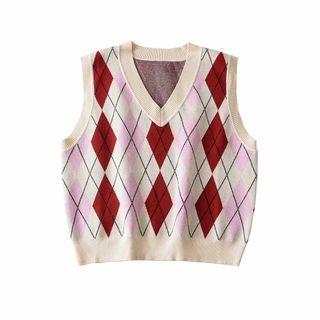 Argyle Print Knit Vest Red & Pink - One Size