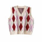 Argyle Print Knit Vest Red & Pink - One Size