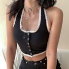 Lace-trim Ribbed Knit Crop Tank Top