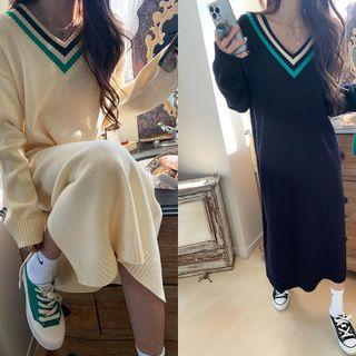 Contrast-trim Slit-side Long Sweater Dress