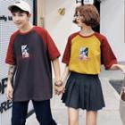 Couple Matching Cat Print Color Block Elbow-sleeve T-shirt