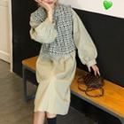 Long-sleeve Midi A-line Dress / Patterned Vest