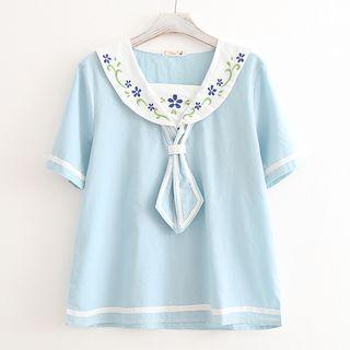 Embroidered Sailor Collared Short-sleeve T-shirt