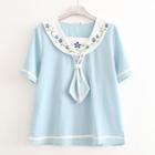 Embroidered Sailor Collared Short-sleeve T-shirt