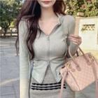 Collared Zip Cardigan / Plaid Pencil Skirt