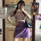 Floral Print Puff-sleeve Cropped Blouse / Mini A-line Denim Skirt