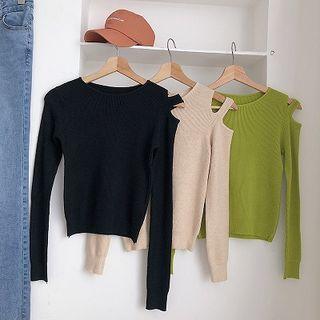 Plain Off-shoulder Crewneck Long-sleeve Knit Top