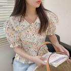 Floral Puff-sleeve Shirt As Shown In Figure - One Size